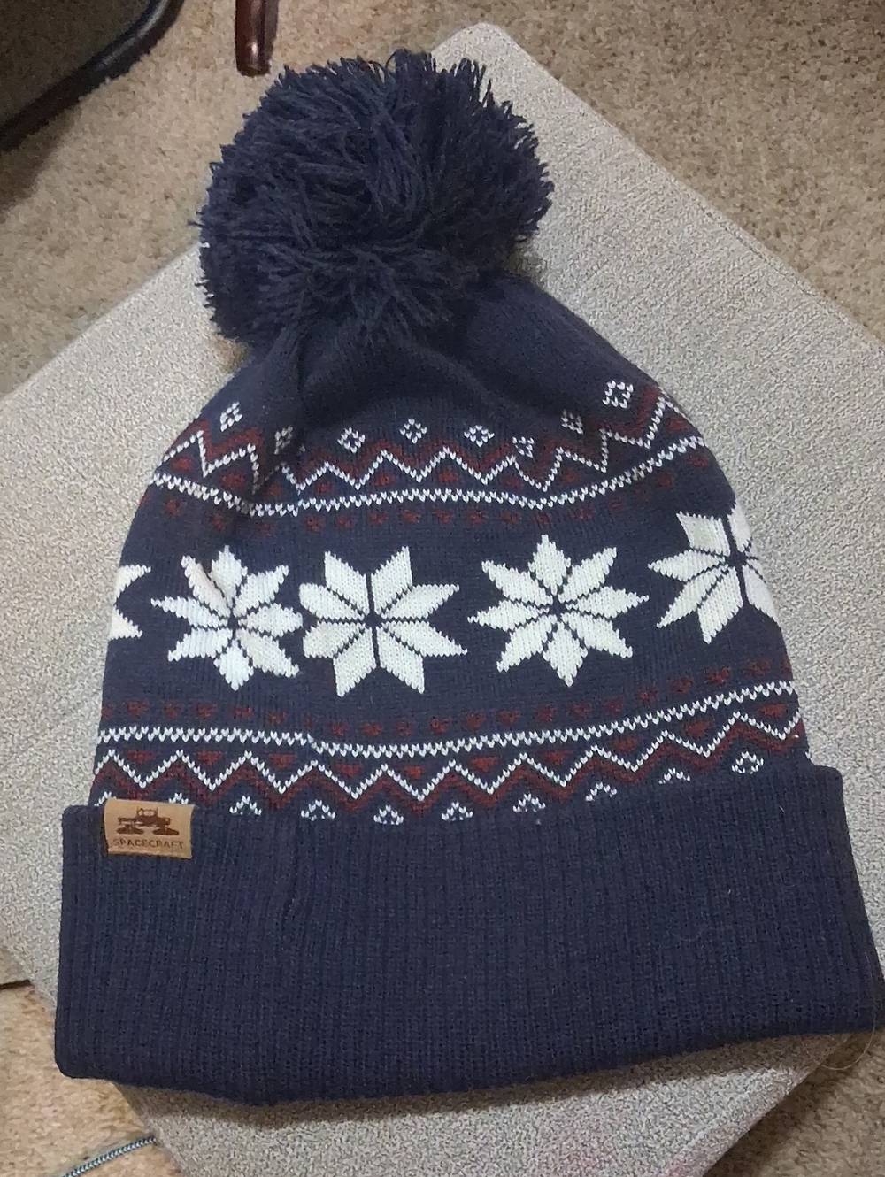 Unbranded Navy Pom-Pom Knit Beanie with White Snowflake Pattern